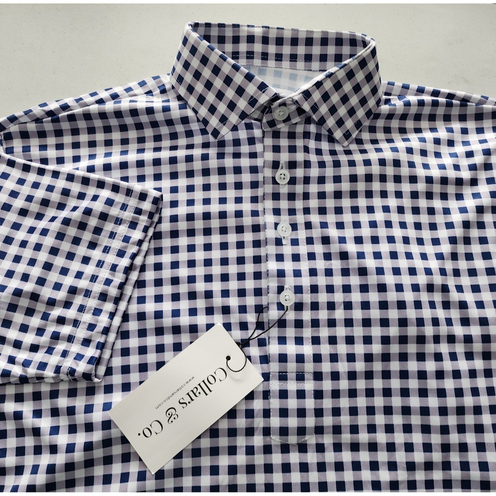 Collars & Co Polo Shirt Mens Size 3XL Relaxed Navy Blue Gingham Semi Spread NEW